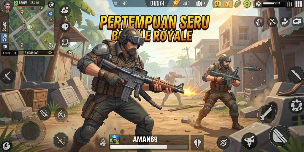 Tangkapan layar AMAN69 menampilkan aksi seru dalam pertempuran Battle Royale.