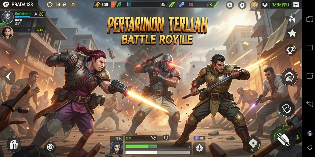 Tangkapan layar gameplay PRADA188 menampilkan aksi seru dalam pertempuran Battle Royale.