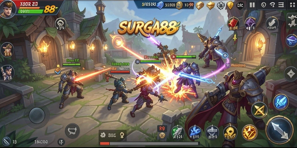 Gameplay SURGA88 yang menampilkan strategi pertempuran yang intens.